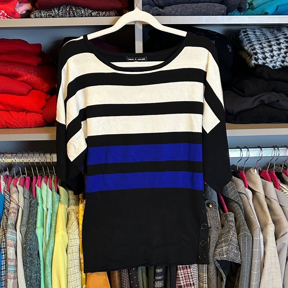 Cable & Gauge black/blue/white striped 1/2 dolman sleeve sweater size S - Picture 1 of 3